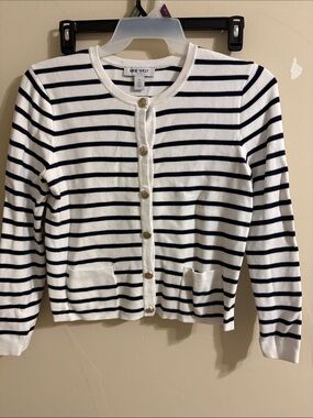 Nine West White and Navy Striped Button-Front Cardigan